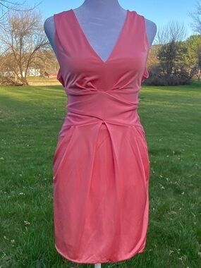 Emporio Armani Coral Pink Ruched V-Neck Sheath Dress Italy Size 36 (US 0/2)